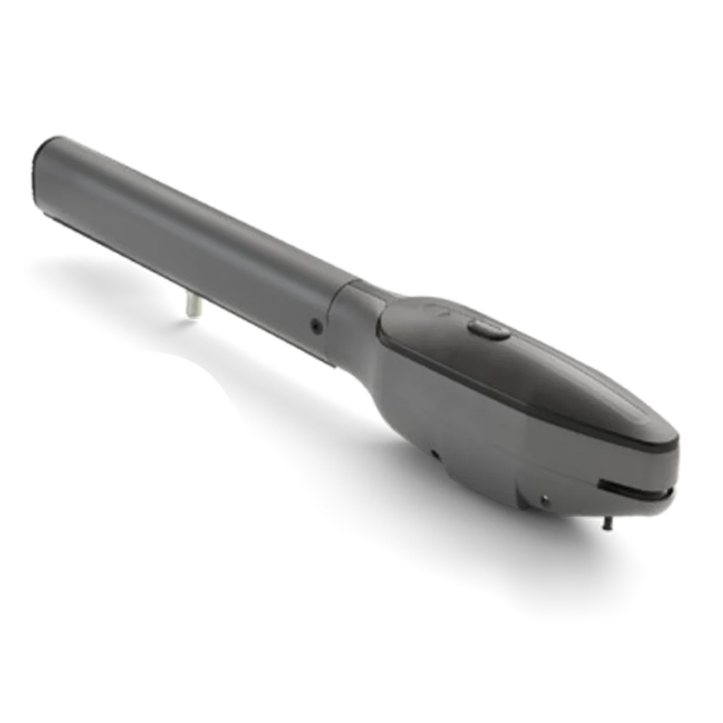 Grauer Handgriff mit Knopf, wahrscheinlich Teil eines technischen Geräts.