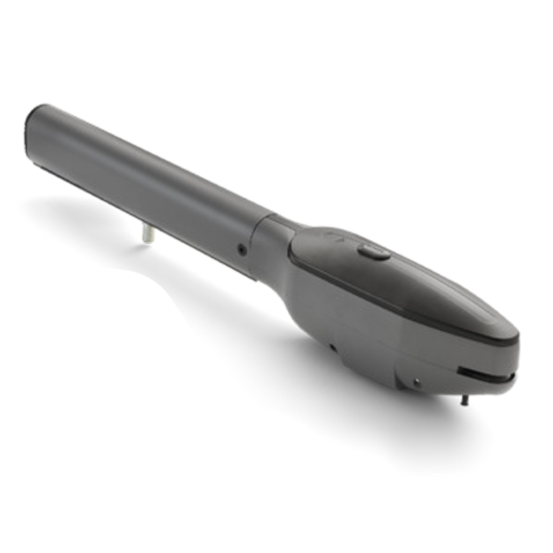 Grauer Handgriff mit Knopf, wahrscheinlich Teil eines technischen Geräts.