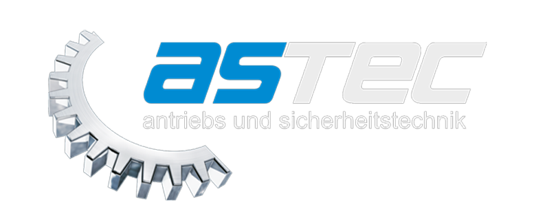 Logo von ASTEC mit Hinweis auf Antriebs- und Sicherheitstechnik, umgeben von einem Zahnrad-Design.