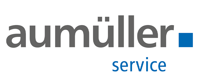 Logo der Firma aumüller mit dem Schriftzug "service" in blauer Schrift.