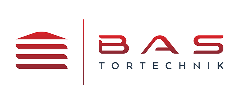 Logo der Firma BAS Tortechnk, bestehend aus grafischen Elementen und dem Schriftzug "BAS TORTECHNIK" in rot und blau.