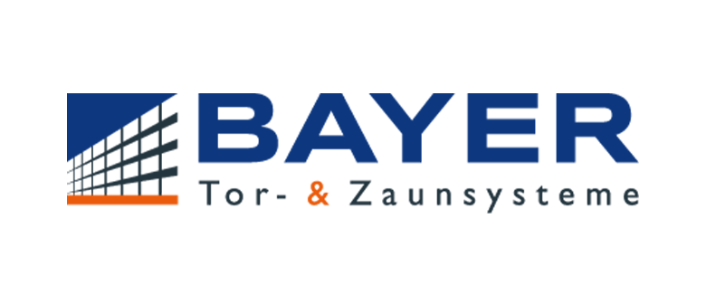 Logo von Bayer für Tor- und Zaunsysteme in Blau und Orange, mit stilisierter Gebäudedarstellung.