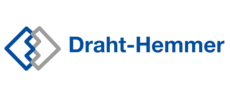 Logo von Draht-Hemmer mit blauen und grauen Designelementen.