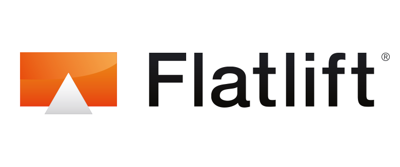 Logo von Flatlift, bestehend aus einer orangefarbenen Fläche mit einer weißen Pyramide und dem Schriftzug "Flatlift".