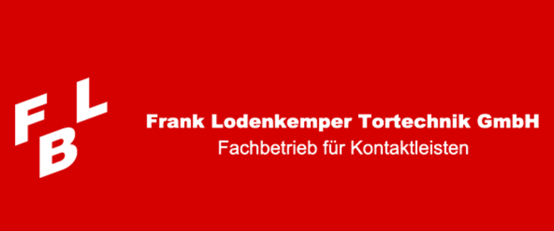 Logo der Frank Lodenkemper Tortentechnik GmbH, Fachbetrieb für Kontaktleisten auf rotem Hintergrund.