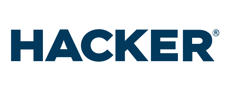 Logo mit dem Schriftzug „HACKER“ in Großbuchstaben, in einem modernen, blauen Schriftstil.