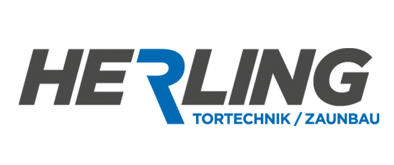 Logo der Firma Herling für Torechnik und Zaunbau, in grauer und blauer Schrift dargestellt.