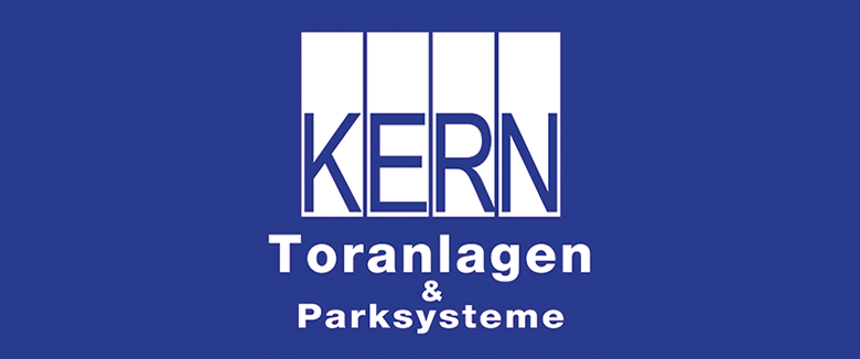 Logo der Firma KERN mit dem Schriftzug "Toranlagen & Parksysteme" auf blauem Hintergrund.