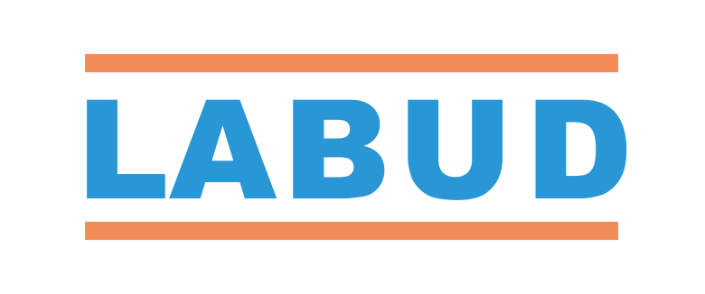 Logo mit dem Wort "LABUD" in blauer Schrift, umrahmt von orangefarbenen Linien.