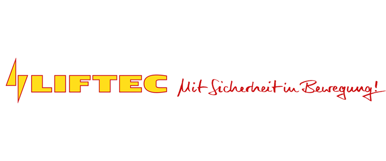 Logo von Liftec mit dem Slogan „Mit Sicherheit in Bewegung!“ in gelber und roter Schrift auf weißem Hintergrund.