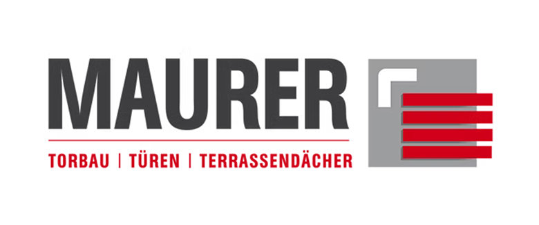 Logo der Firma Maurer mit Text: "TORBAU | TÜREN | TERRASSENDÄCHER" in Rot und Schwarz.