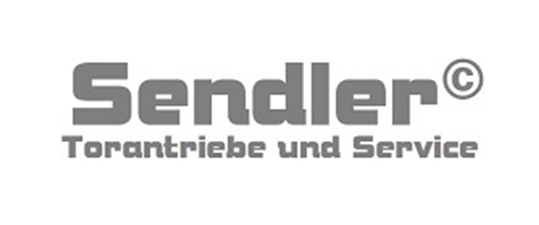 Logo von Sendler, spezialisiert auf Torantriebe und Service, in grauer Schrift auf hellem Hintergrund.
