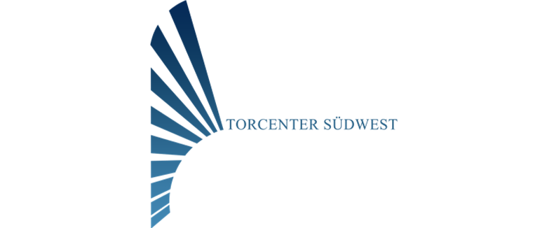 Logo des Torcenter Südwest, bestehend aus stilisierten blauen Linien und dem Schriftzug "TORCENTER SÜDWEST".