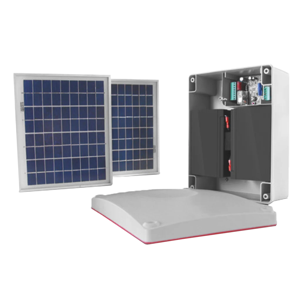 Set mit zwei Photovoltaik-Panels und einem Gehäuse inkl. Akkus, Steuerungs- und Ladeelektronik zur netzunabhängigen Stromversorgung von 24 V Antrieben