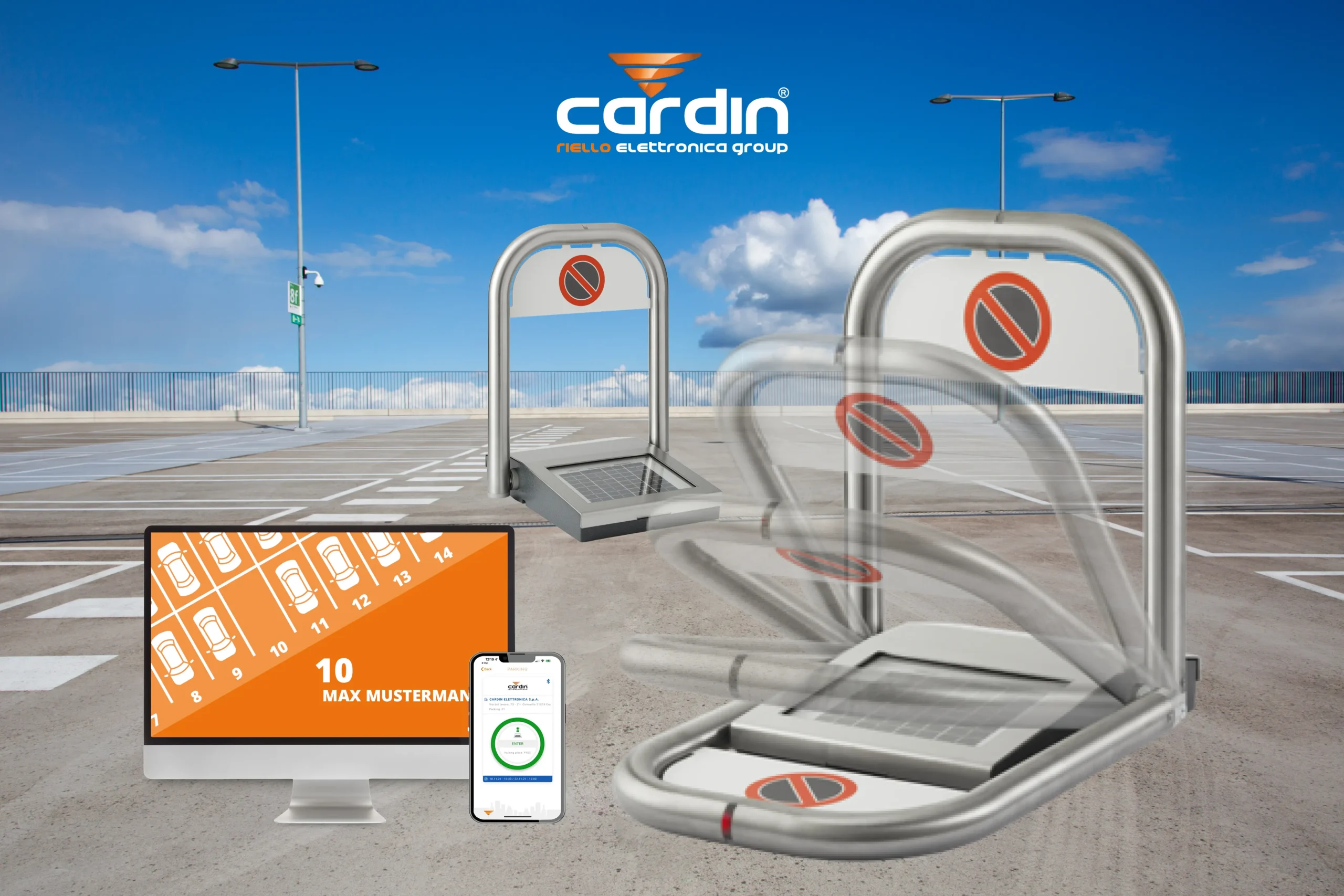 Effektives Parkplatz-Management mit der CARDIN Parkplatzsperre PARKSUN-BTS - CDR-PARK, die App zur Fernsteuerung des Parkbügels durch jeden individuellen Nutzer (nach Freigabe-Link per E-Mail) und PC-Software zur Verwaltung mehrere Parkbügel. Optimal für Hotels, große Unternehmen, Dauer- oder Kurzzeitparker