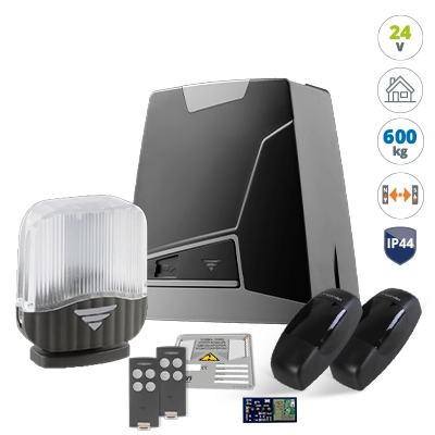 Starter-Set / -Kit KT-VELARIS624-3 von CARDIN mit dem Schiebetorantrieb VELARIS624F, dem Lichtschrankenpaar VEDO180, 2 Funk-Handsendern der S504-Serie (4-Kanal), einem LED-Warnlicht sowie einem Bluetooth-Modul zur App-Anbindung