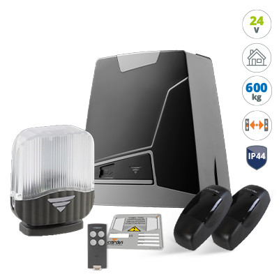 Starter-Set / -Kit KT-VELARIS624-1 von CARDIN mit dem Schiebetorantrieb VELARIS624F, dem Lichtschrankenpaar VEDO180, einem 4-Kanal-Funk-Handsender der S504-Serie und einem LED-Warnlicht.