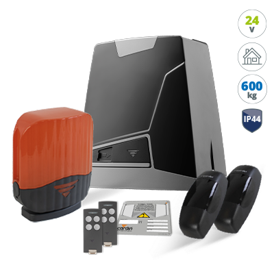 Starter-Set / -Kit KT-VELARIS624-2 von CARDIN mit dem Schiebetorantrieb VELARIS624, dem Lichtschrankenpaar VEDO180, 2 Funk-Handsendern der S504-Serie (4-Kanal) sowie einem LED-Warnlicht