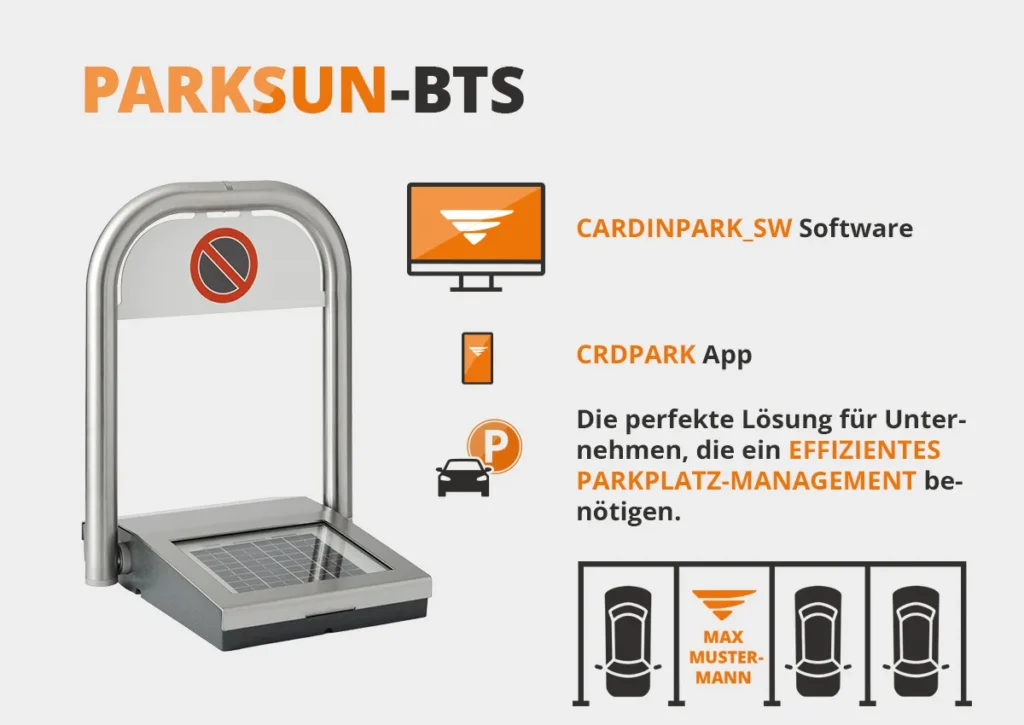 Verwaltung mehrerer PARKSUN-BTS Parkbügel über eine PC-Software durch den Betreiber (z.B. Hotels oder Ärztehäuser) und Steuerung per App durch die Parkplatz-Nutzer